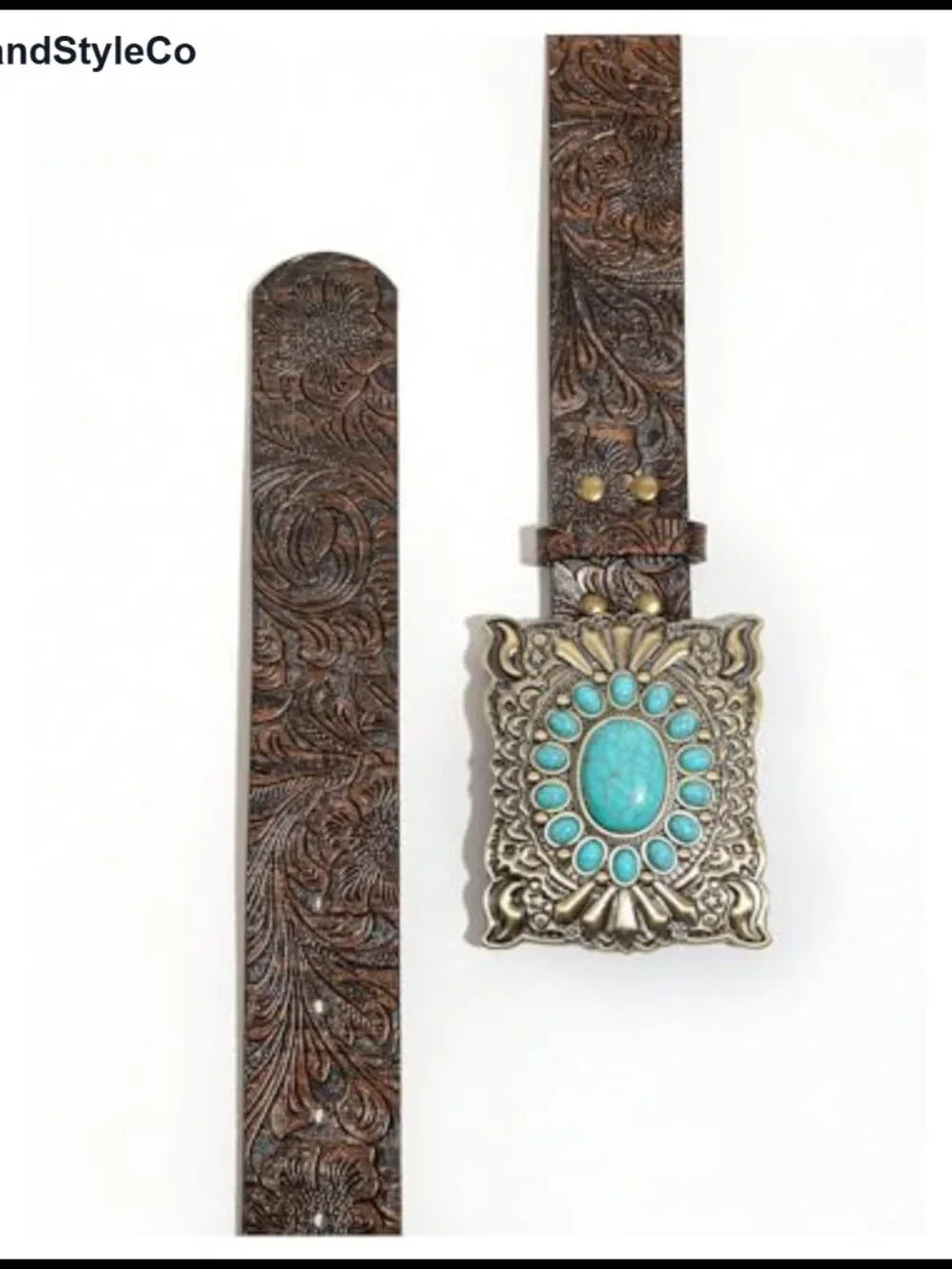 Western Leather Belt with Turquoise Concho Buckle, Floral Design